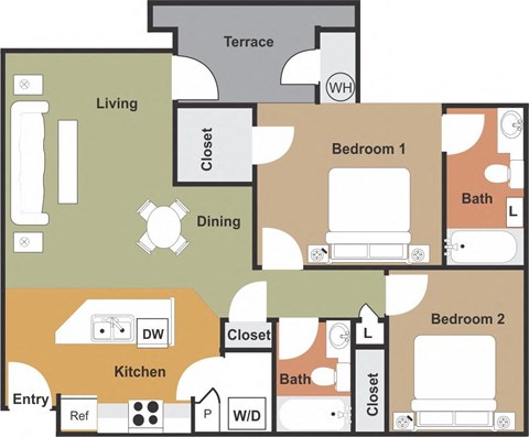 Floor plan for 2 beds, 2 baths, 1059 sqft
